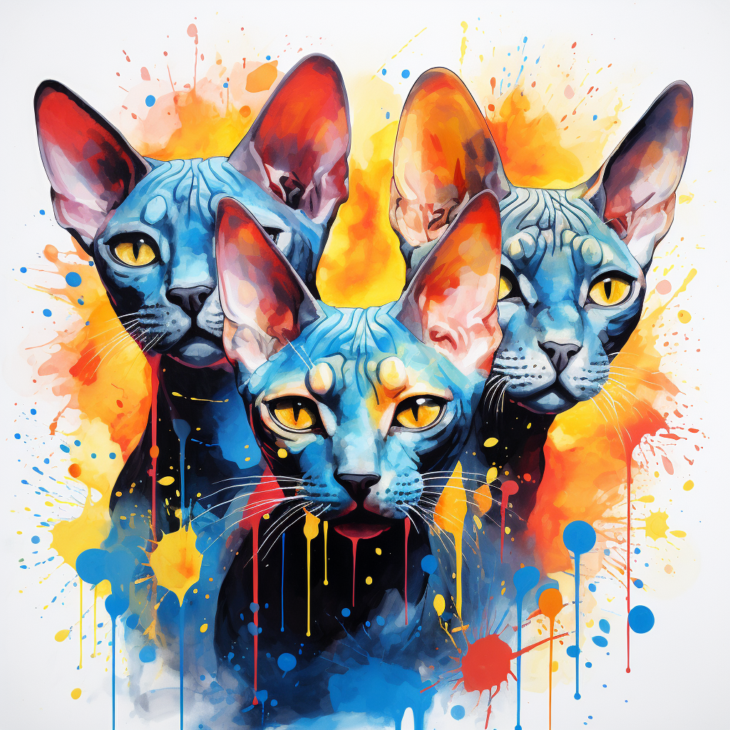 Colorful sphynx cats with droplets