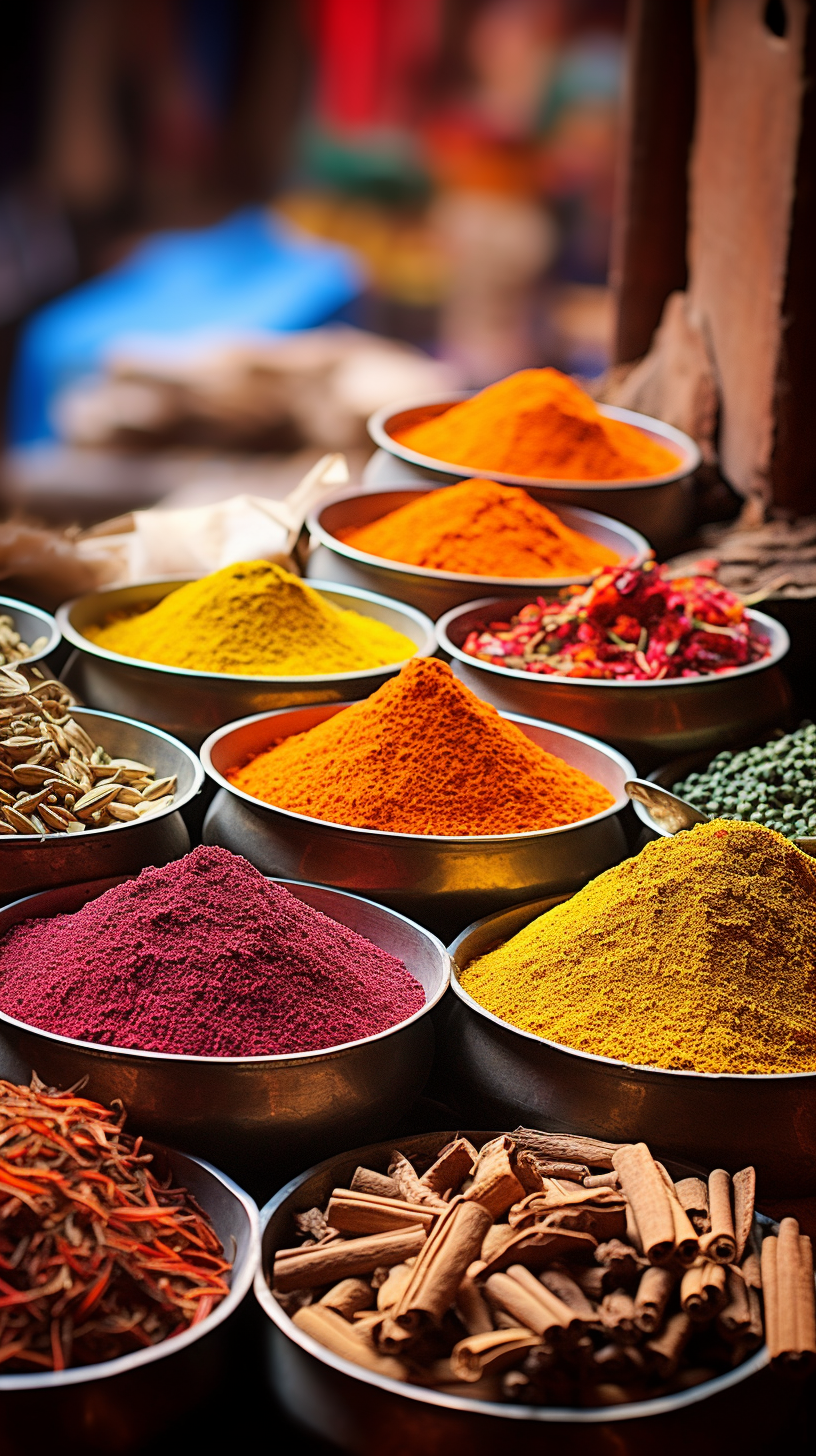 Colorful spices powders and herbs in traditional Delhi market