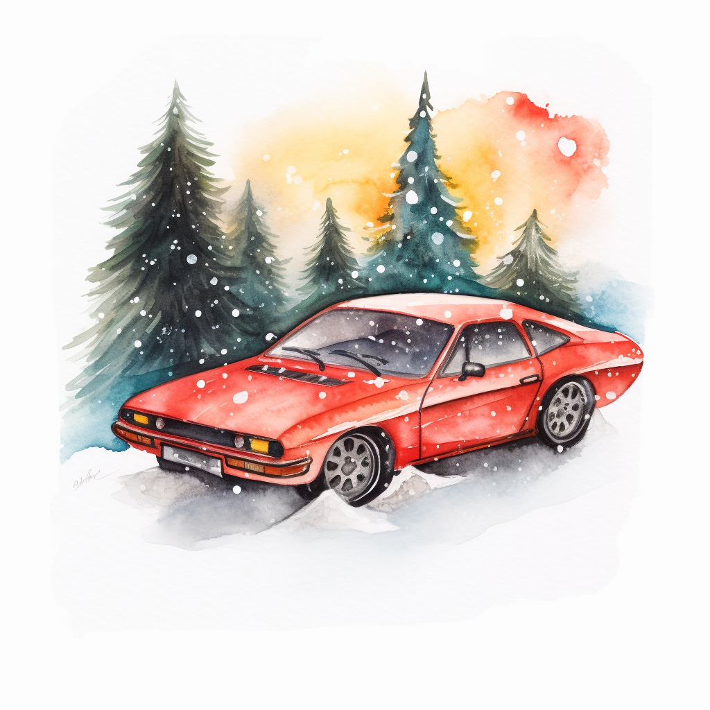 Illustration of Red Sportscar near Christmas Tree