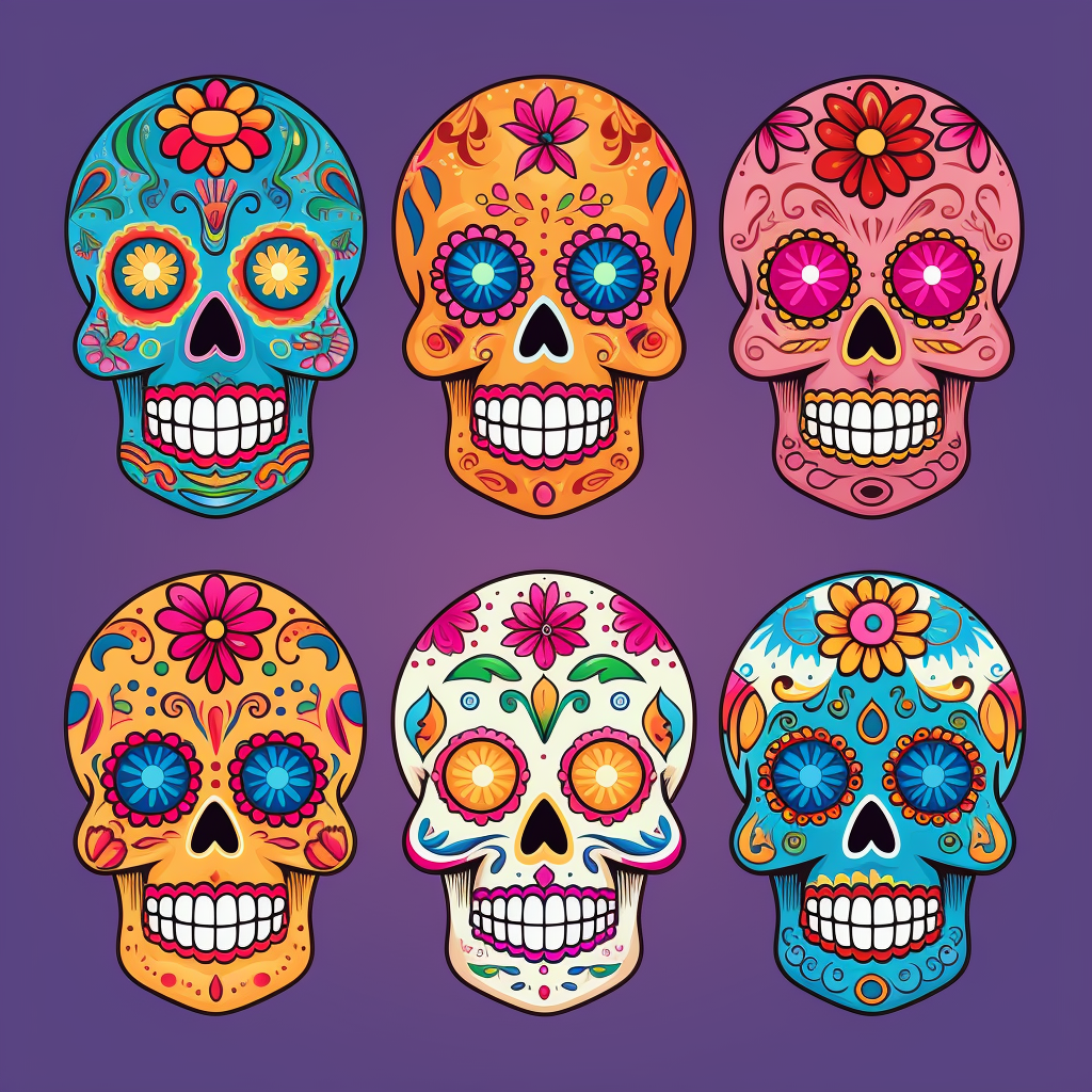 Colorful sugar skulls on blank background