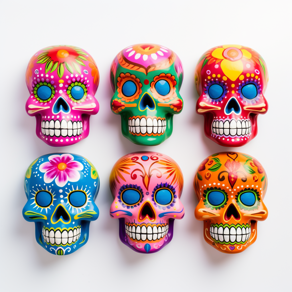 Brightly colored sugar skull array