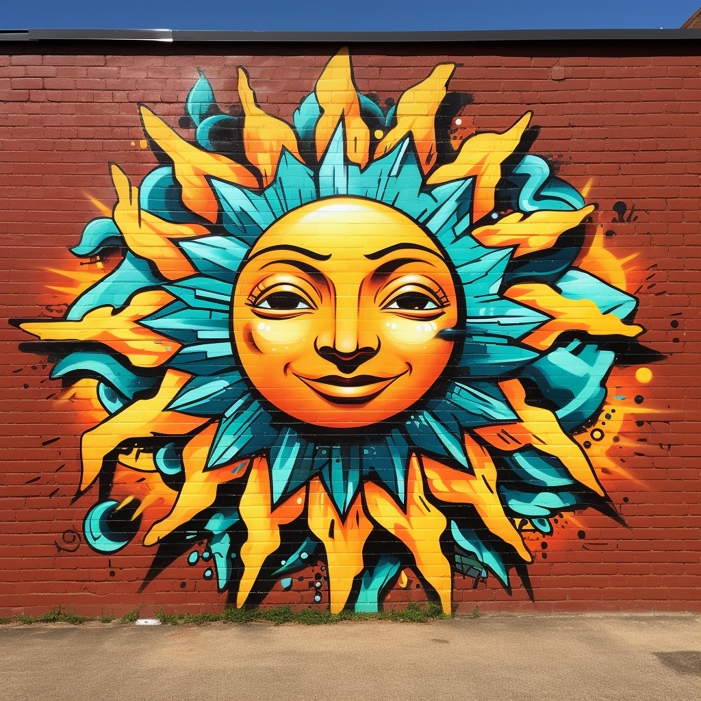 Graffiti-style brick wall with sun