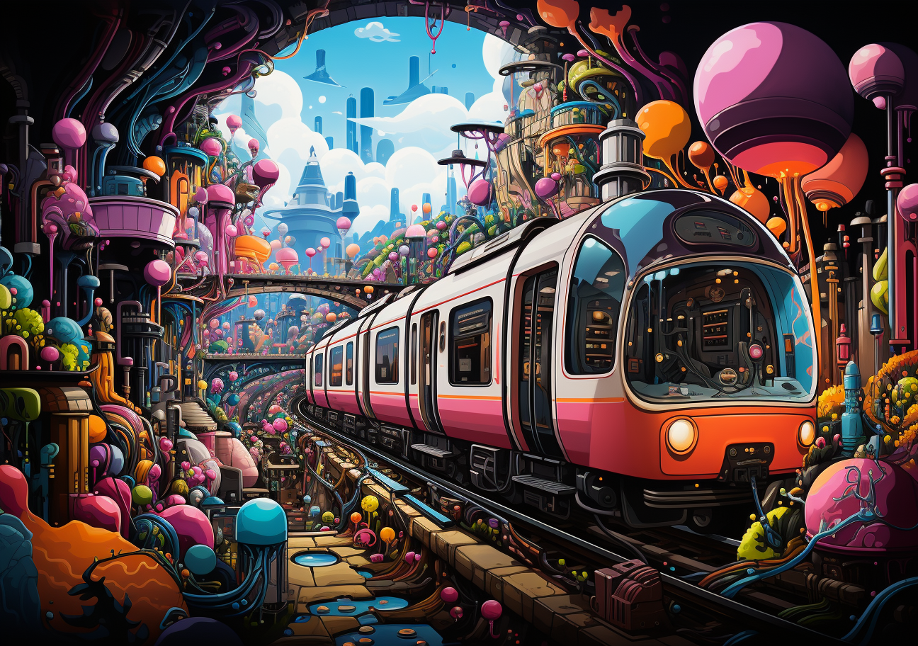 Colorful characters on a surreal train