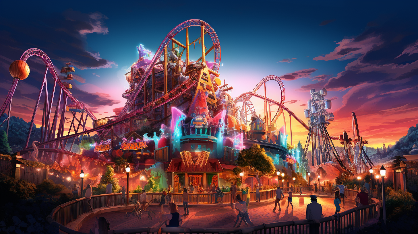 A highly detailed image of a colorful theme park ride at night