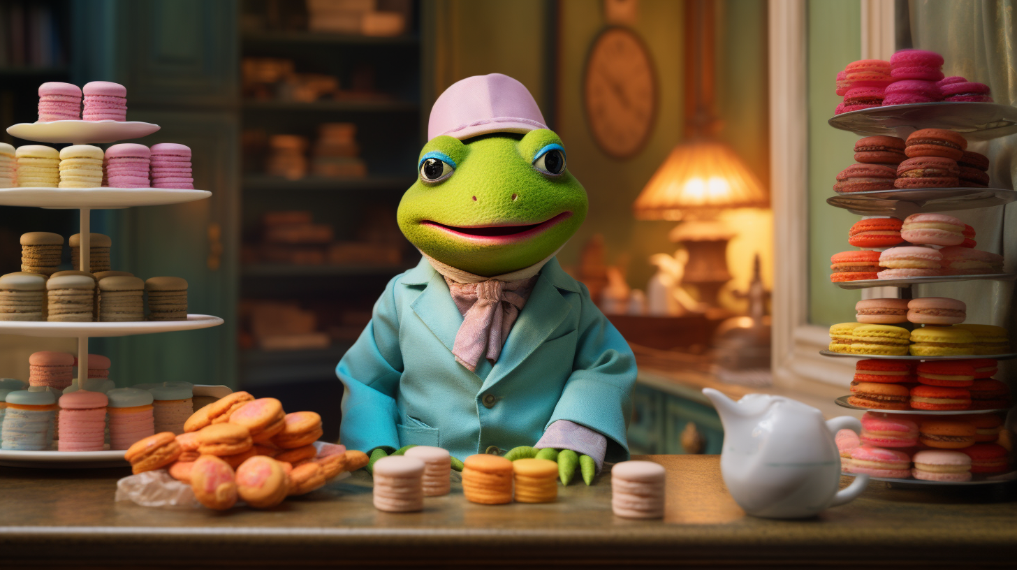 Anthropomorphic toad baking colorful macaroons