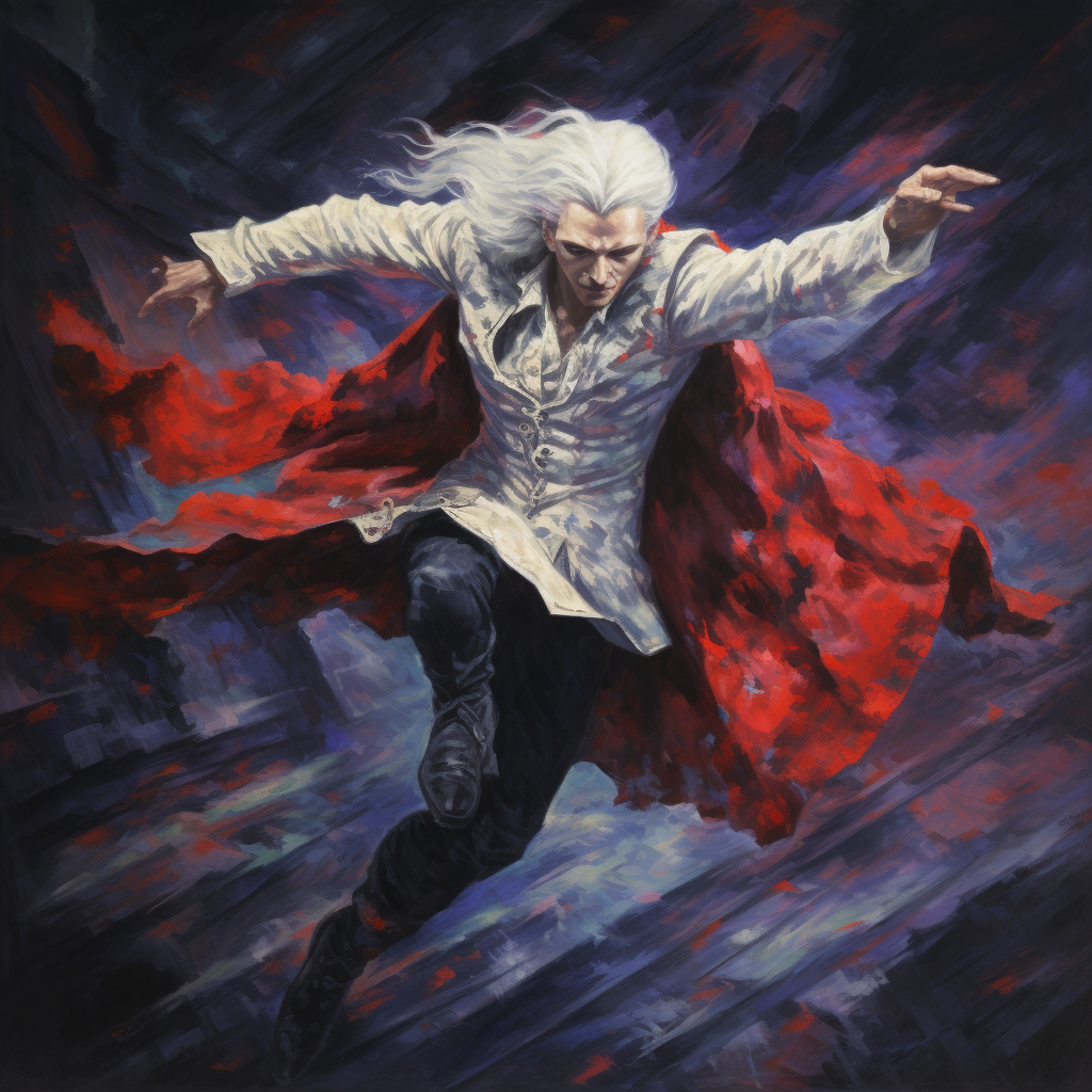 Vibrant vampire lord with white hair leaping in action