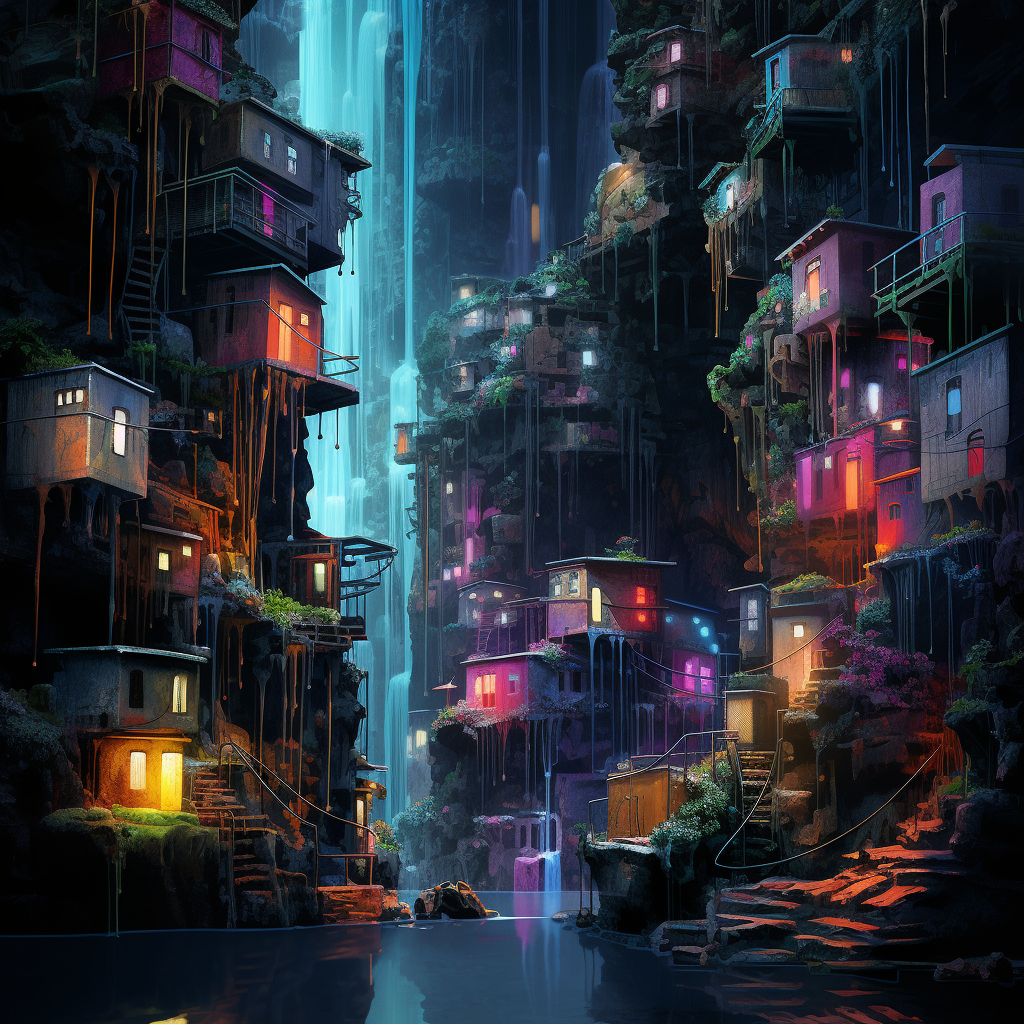 Vibrant vertical slums near waterfall