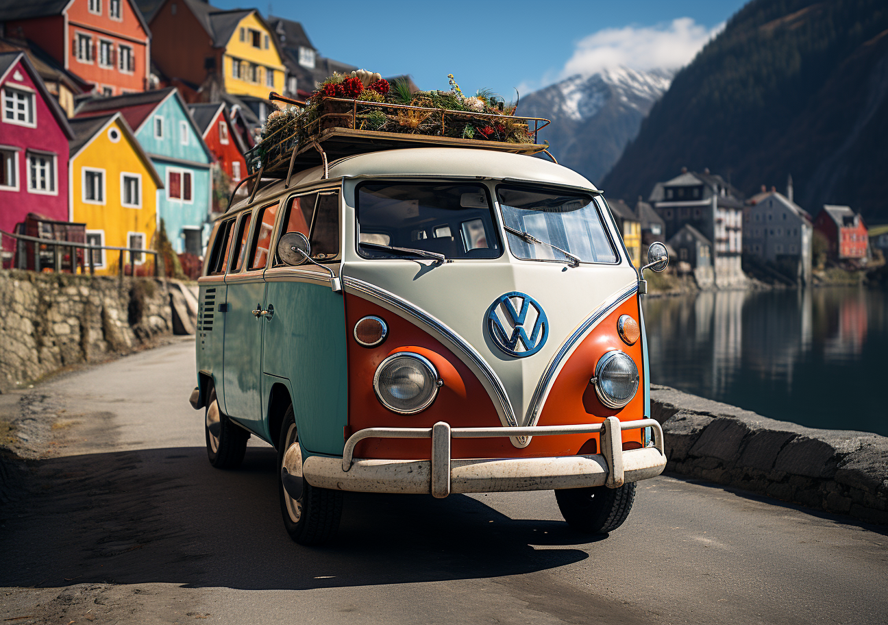 Vibrant VW Bus Parked in Front of Desaturated Houses