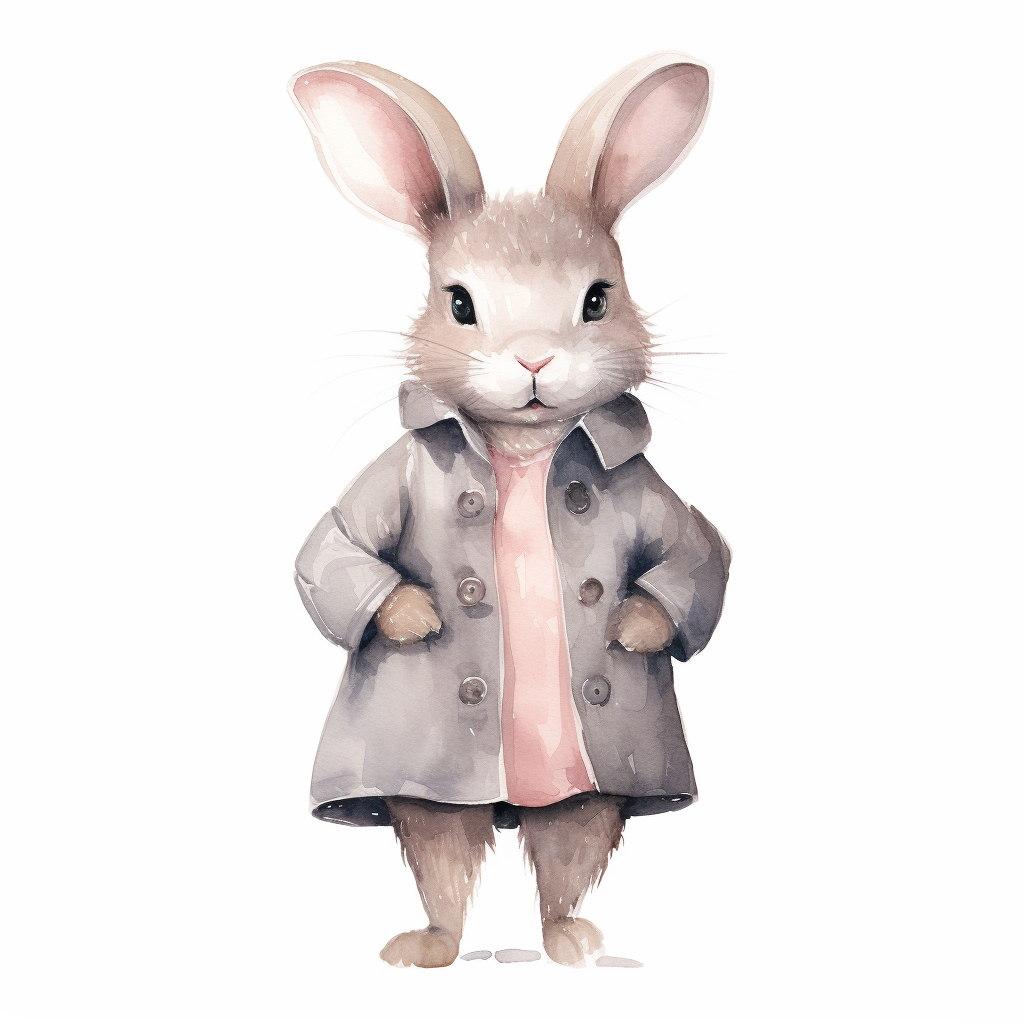 Watercolor bunny with drawn coat on white background