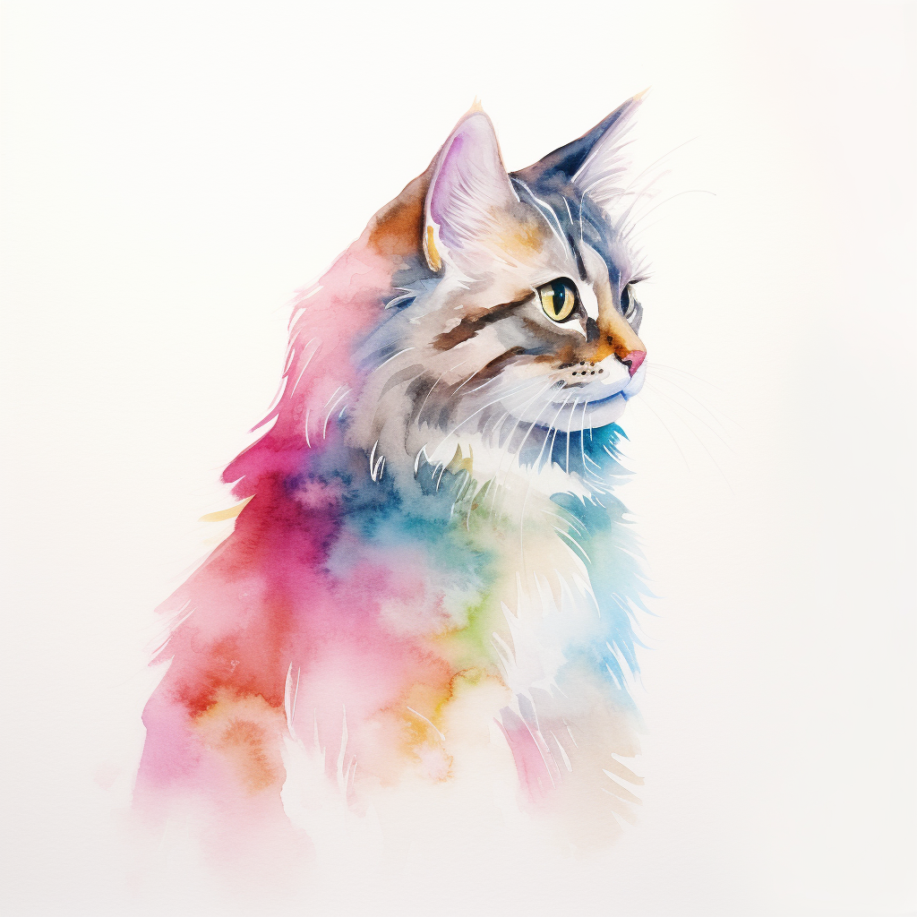 Colorful cat in watercolor drawing