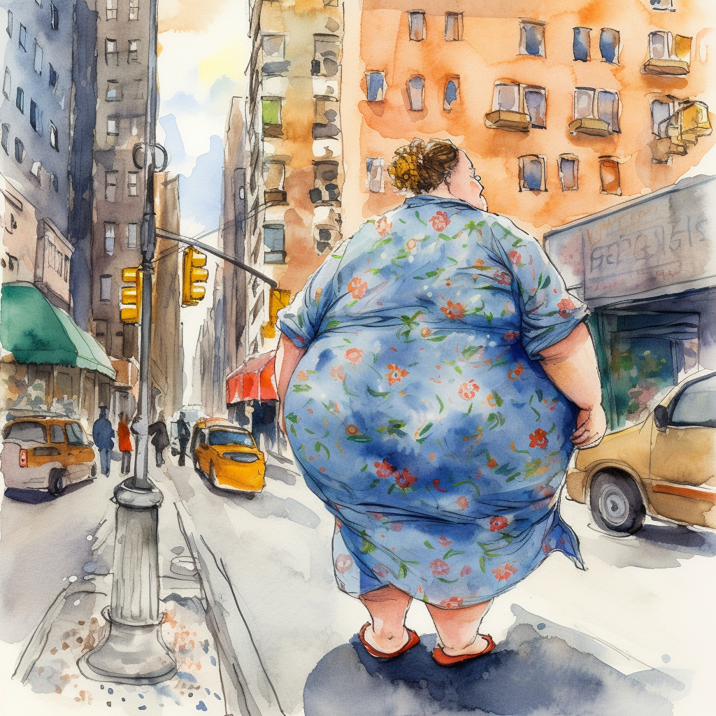 Obese woman walking in NYC with colorful watercolor sketch