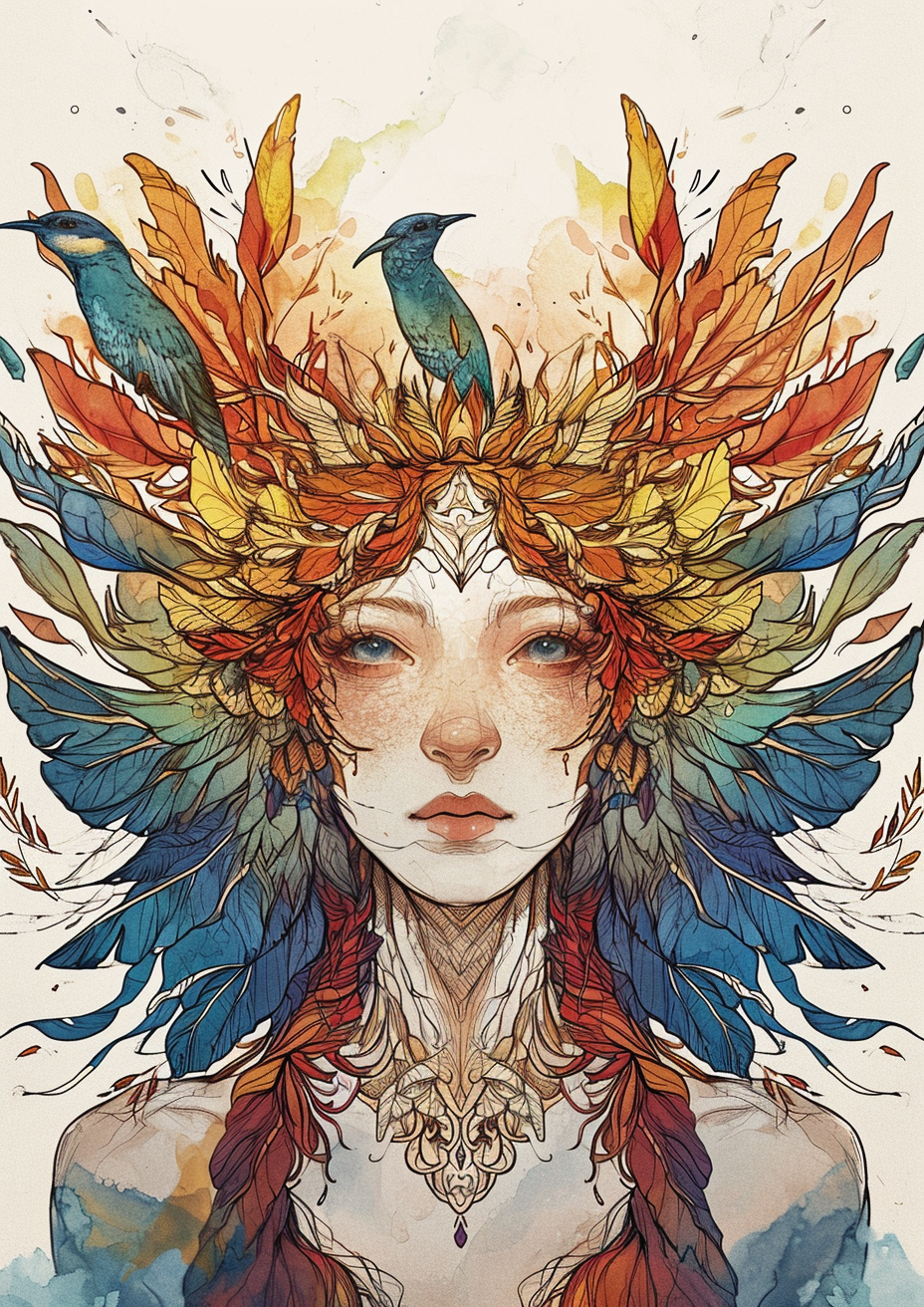 Illustration of a Colorful Woman with Birds on Her Hair