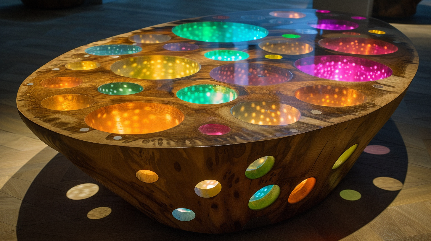 Colorful wooden coffee table with resin fillings