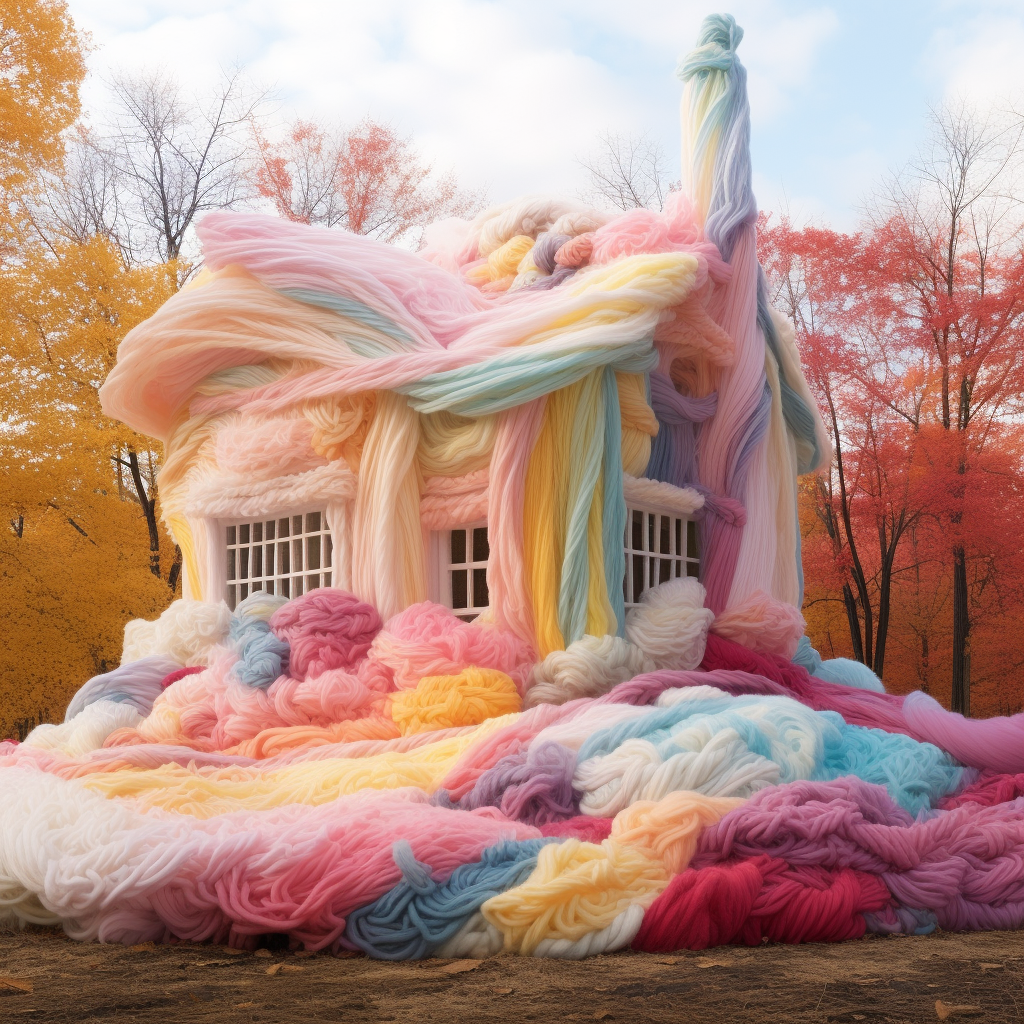 House made of colorful yarn in cotton candy forest