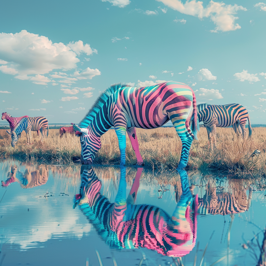 Colorful zebras by lake