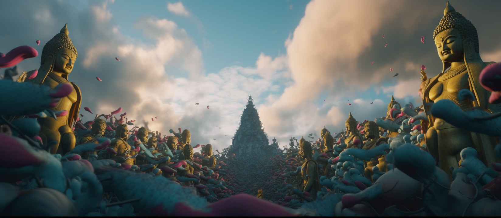 Vividly colored Buddha gods in the sky