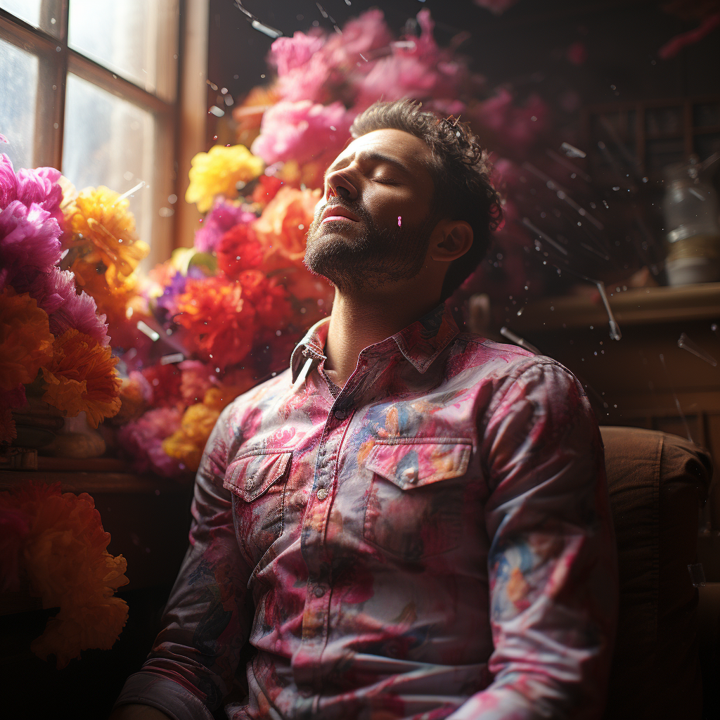 Man sneezing out vibrant rainbows