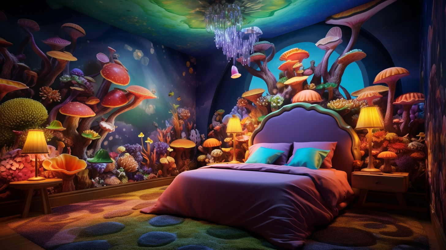 Colorful bedroom in underwater castle illustration