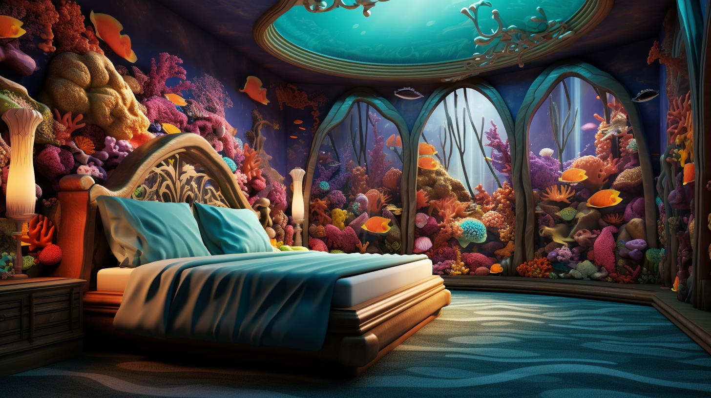 Colorful underwater castle bedroom with king bed