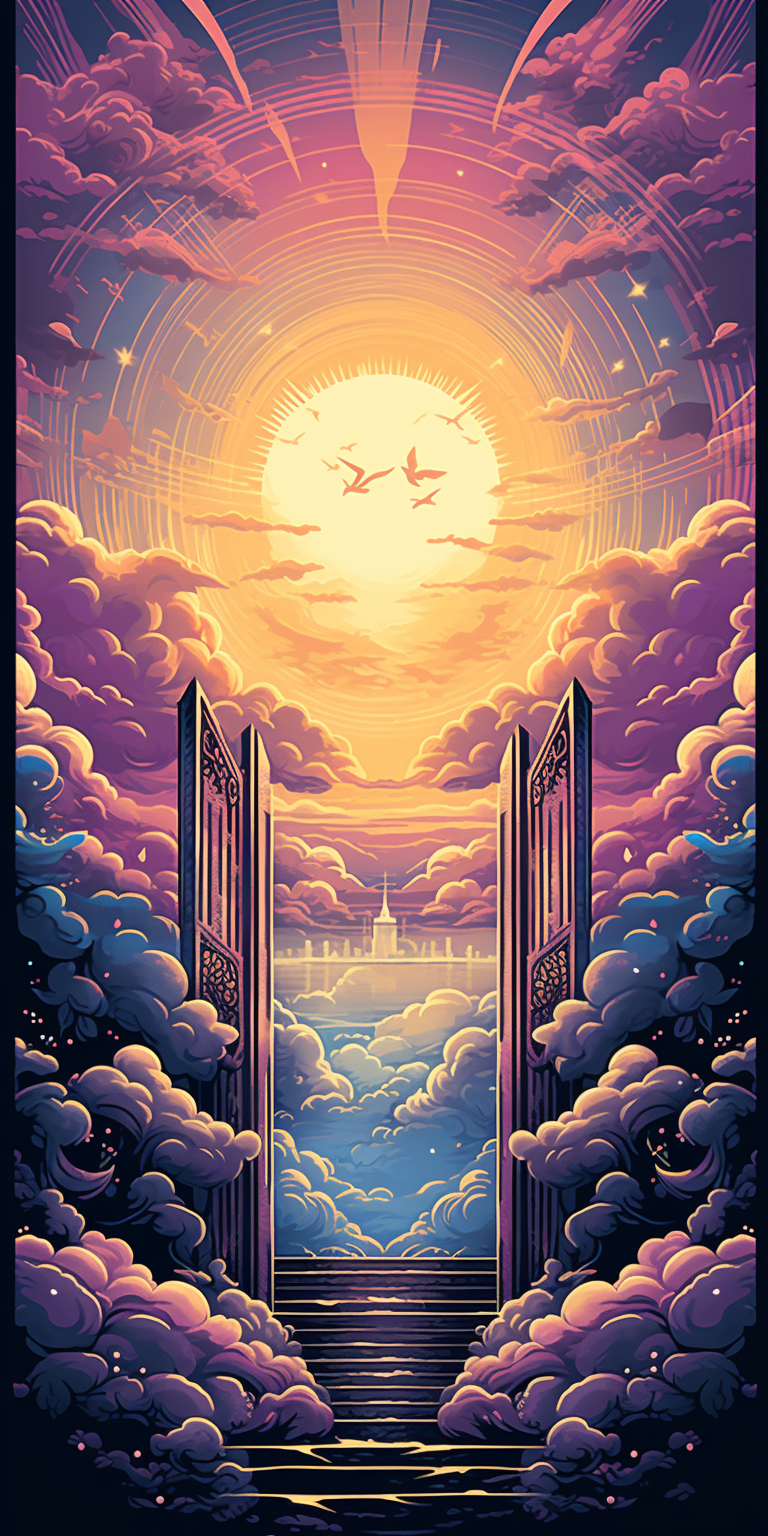 Colorful vector art depicting gates of heaven