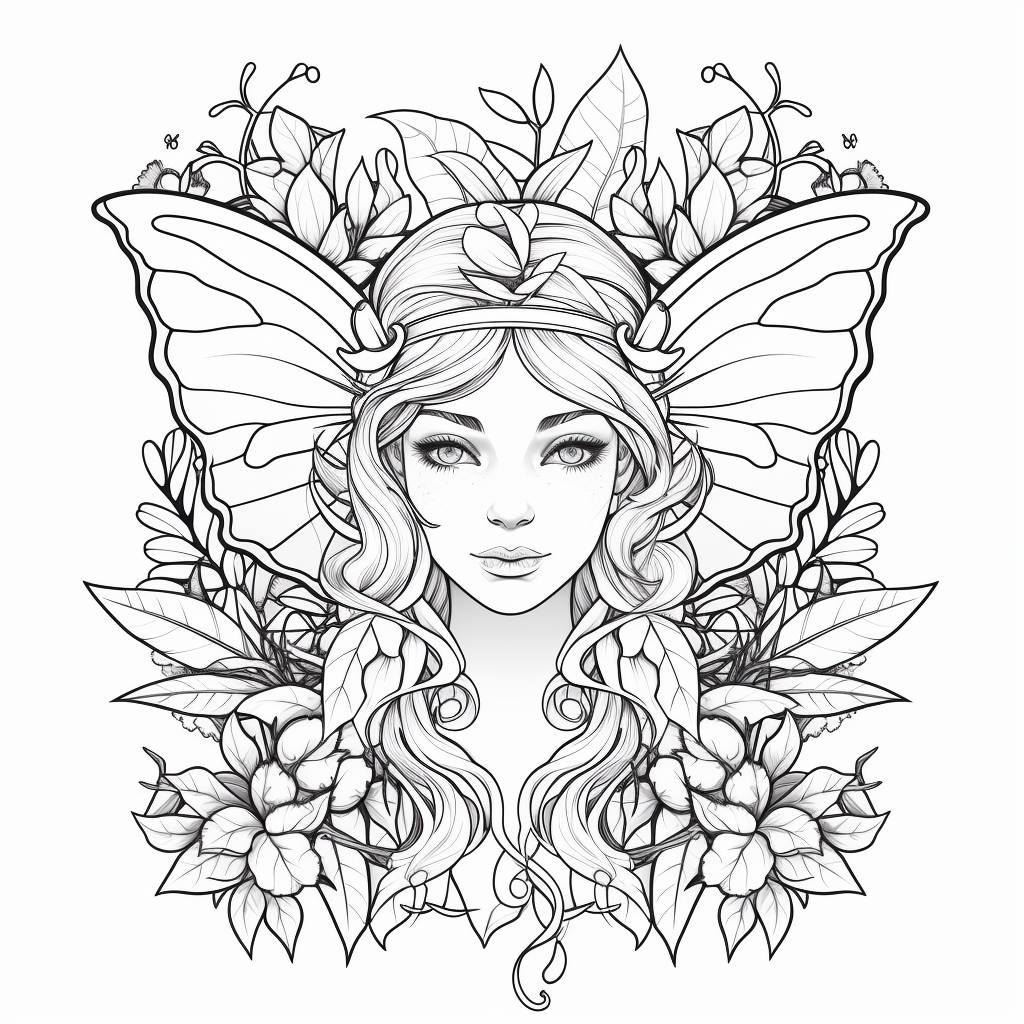 Coloring book elf with leaves, butterflies, and flowers