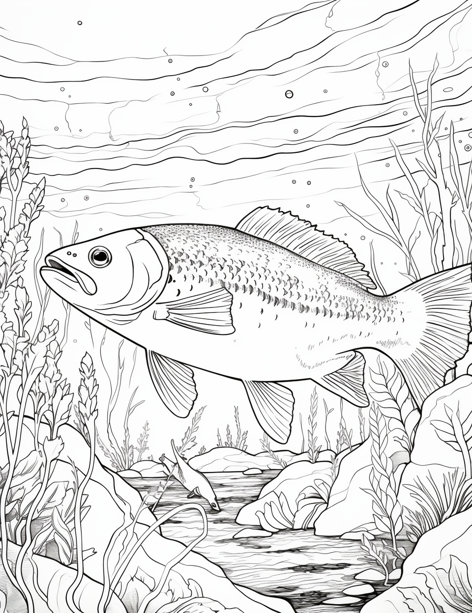 Trout swimming upstream in black and white