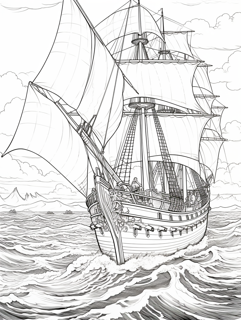 Engraving of coloring book ships on water