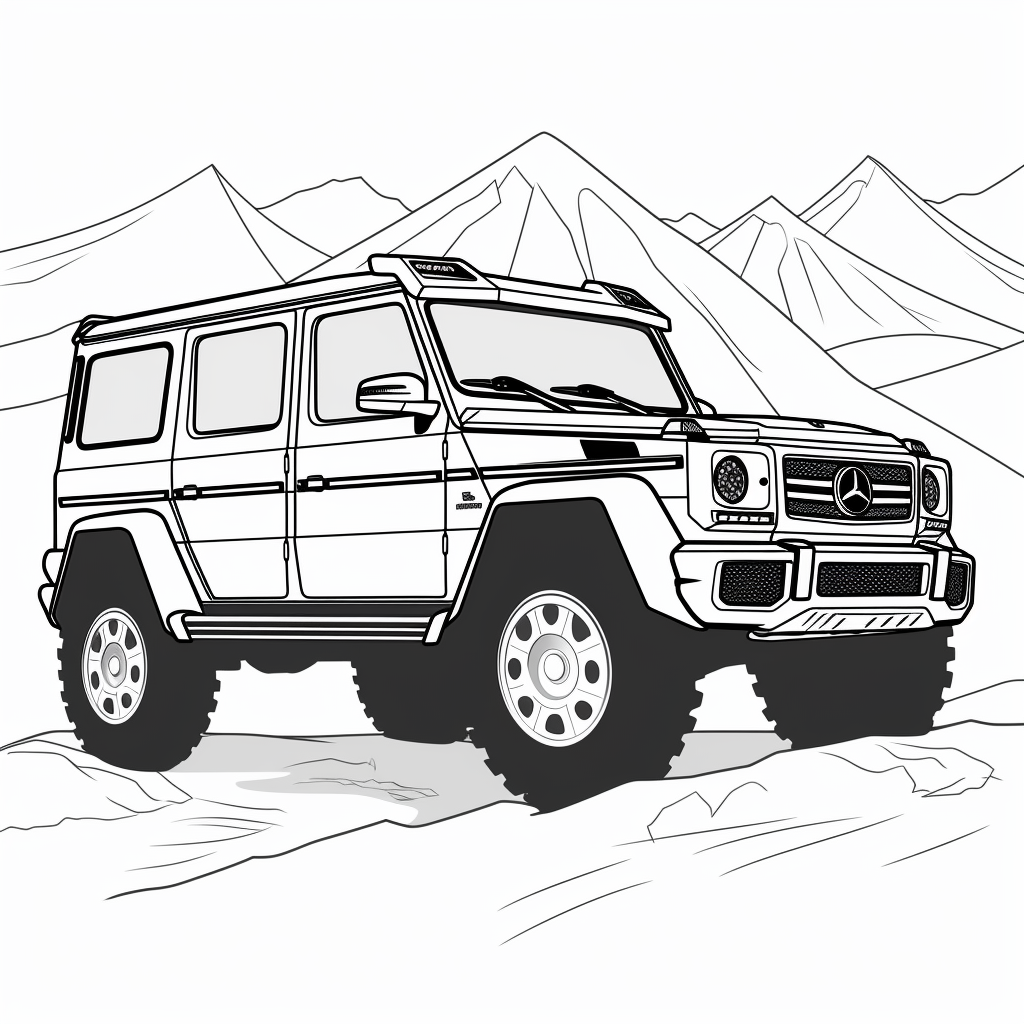 coloring page with mountains and G Class Mercedes