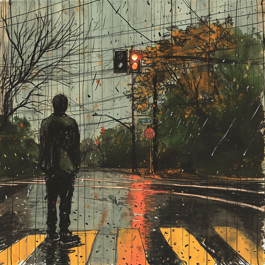 Colorized ink drawing of man at crosswalk in rain