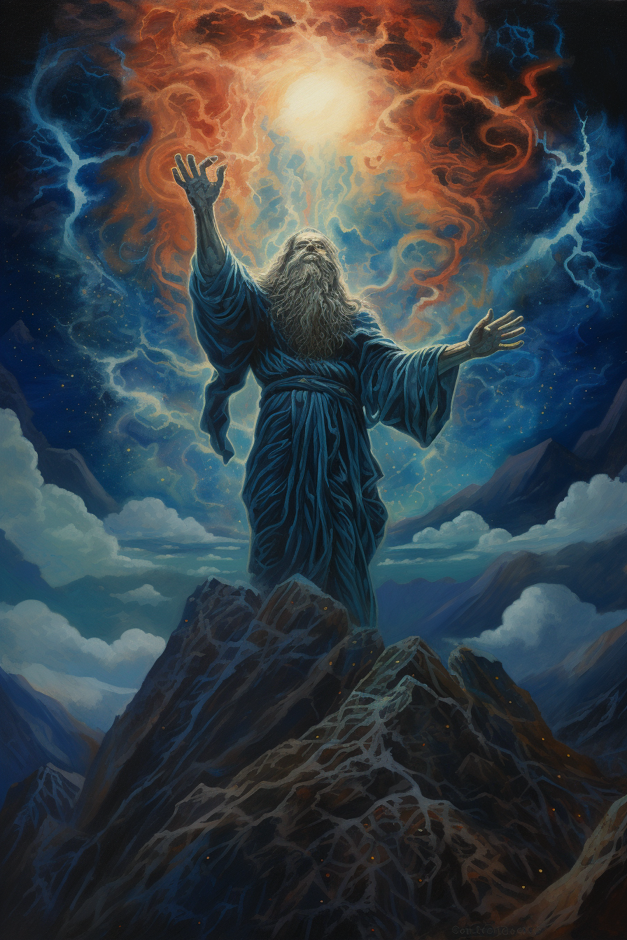 Colossal god looking down on mountains