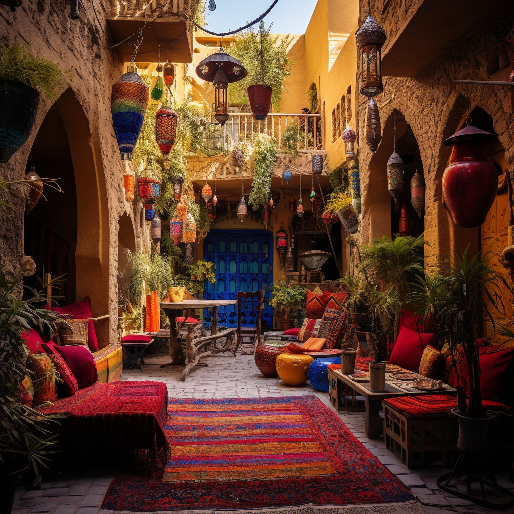 Colorful Arab Courtyard with Rugs and Tapestries