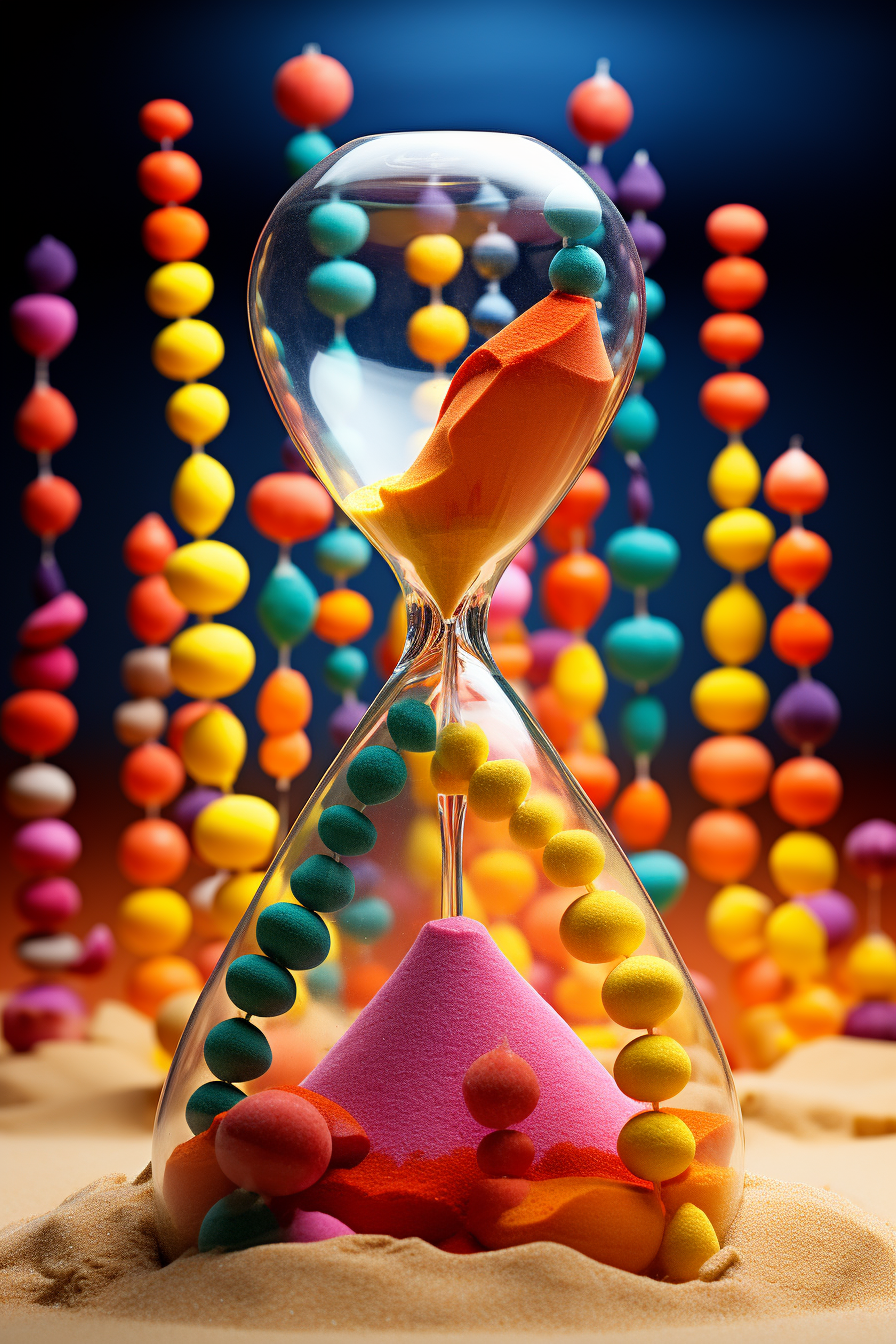 Colorful bouncing balls in sandglass collage