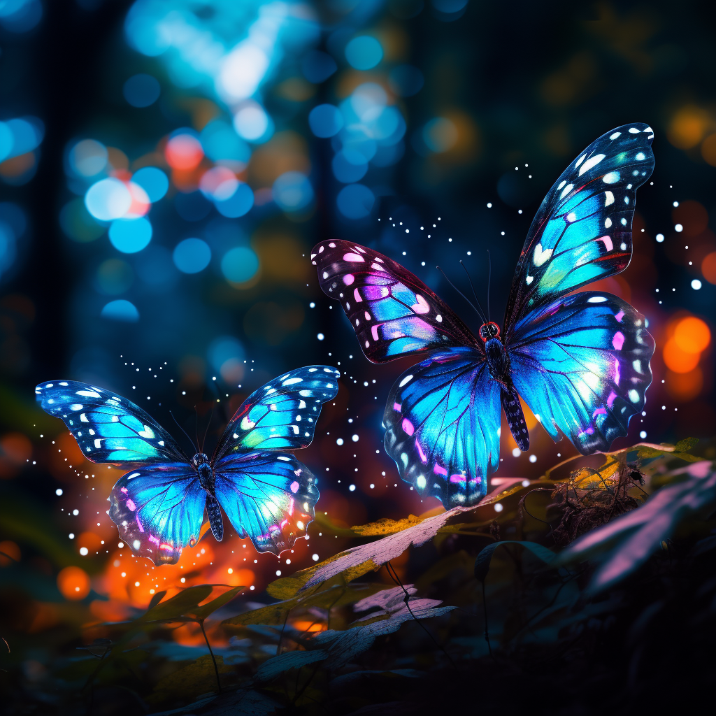 Colorful Butterflies with Neon Blue Veins in Forest