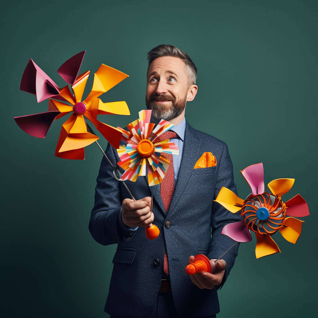 Man in suit holding a colorful children's windmill