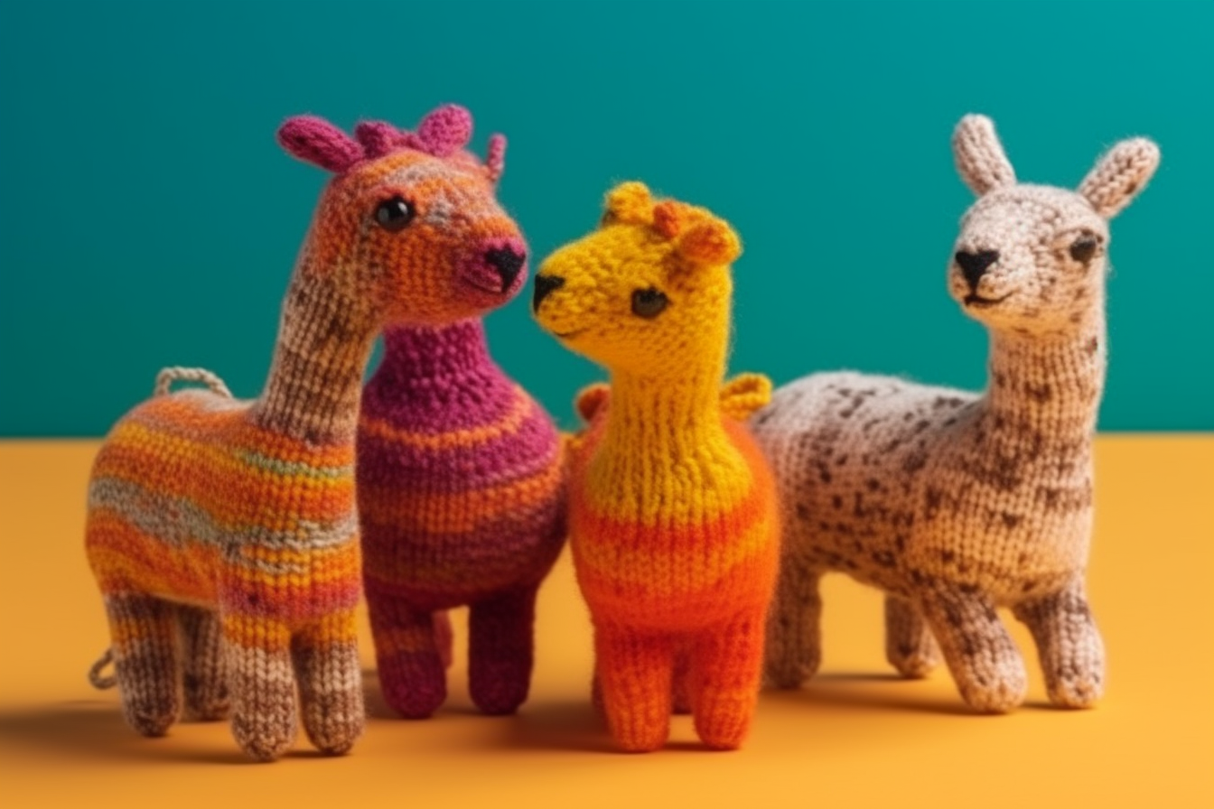 Colourful knitted animals on yellow background