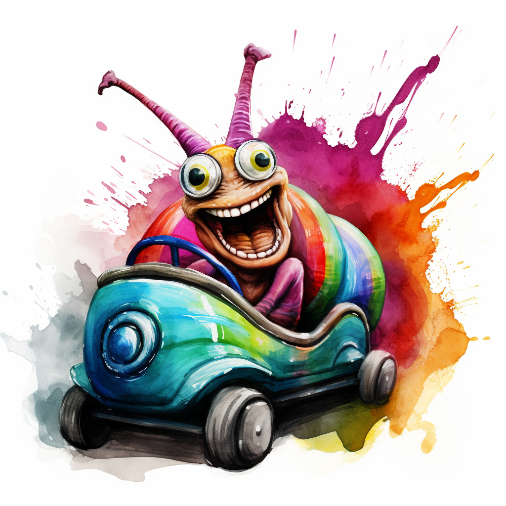 Colourful sketch of a snail in a go-kart laughing