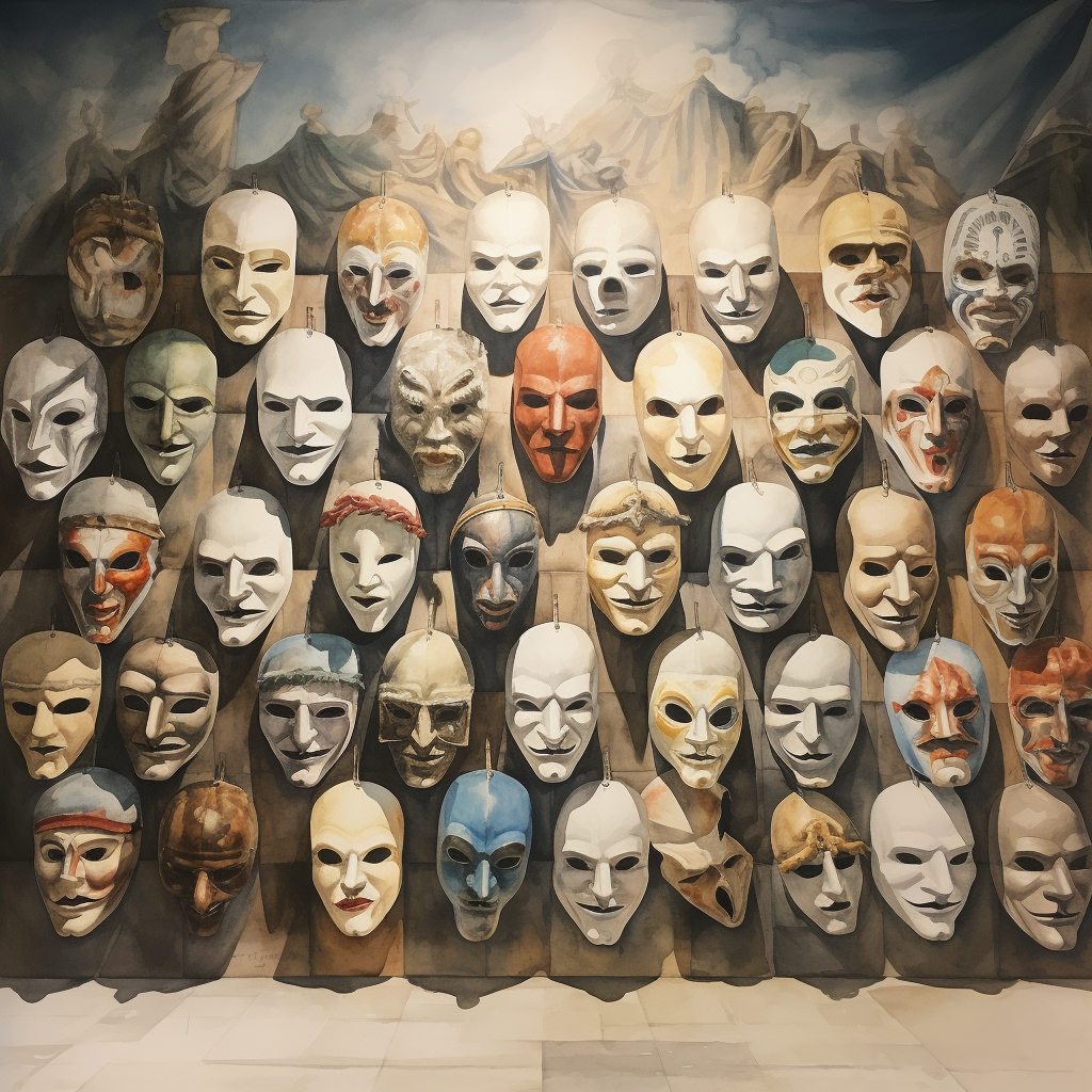 Comedia Dell'arte masks museum watercolor