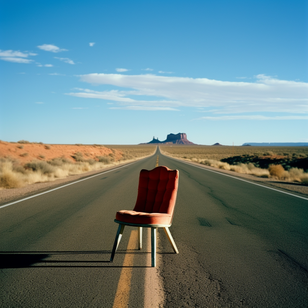 Comfortable chair on straight road in Monument Valley