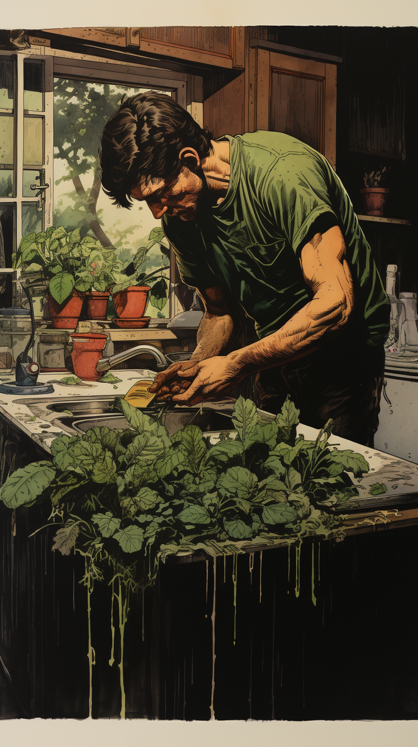 Man watering plant in dark kitchen