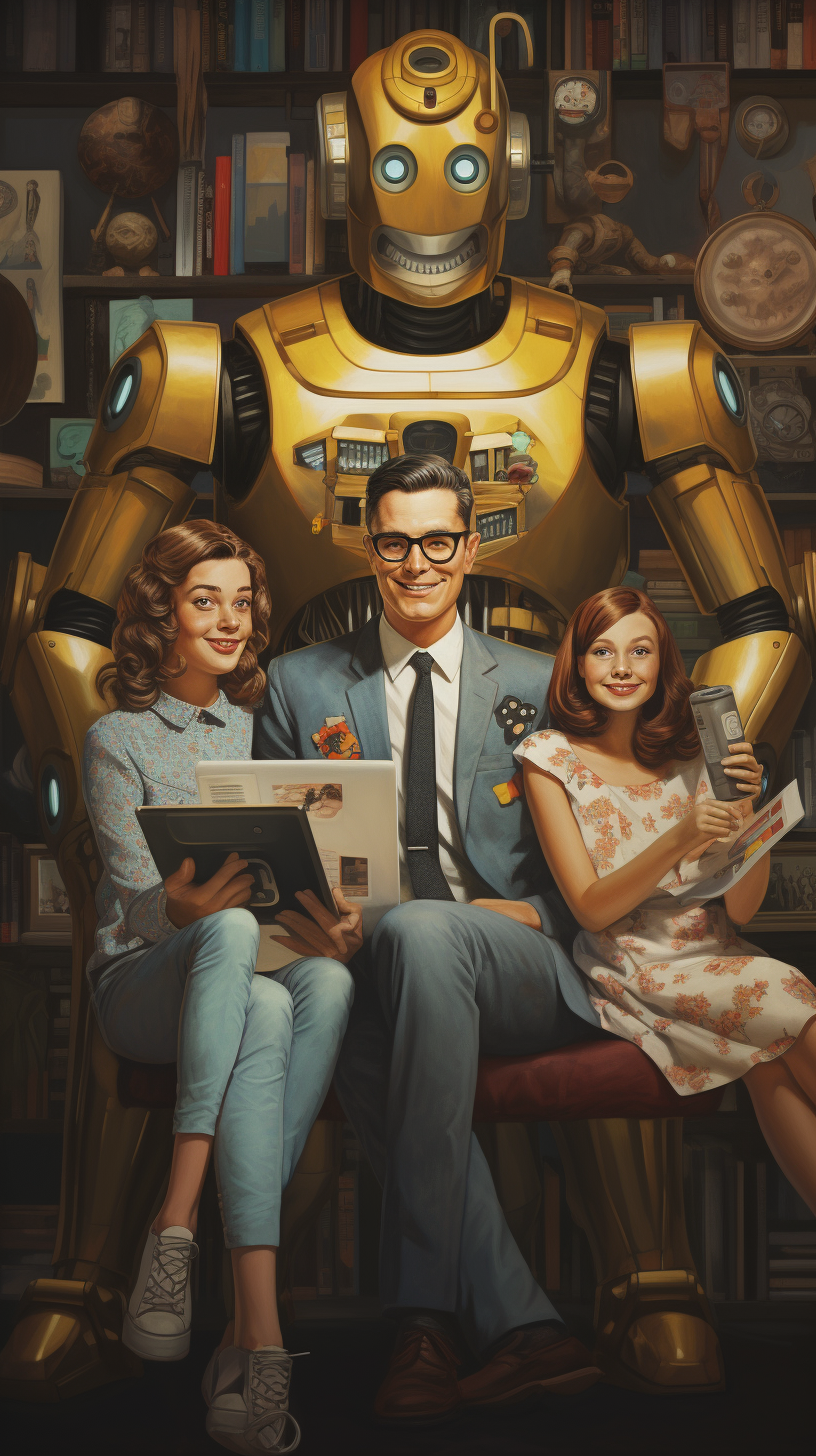 Colorful comic book cover with robot children family.