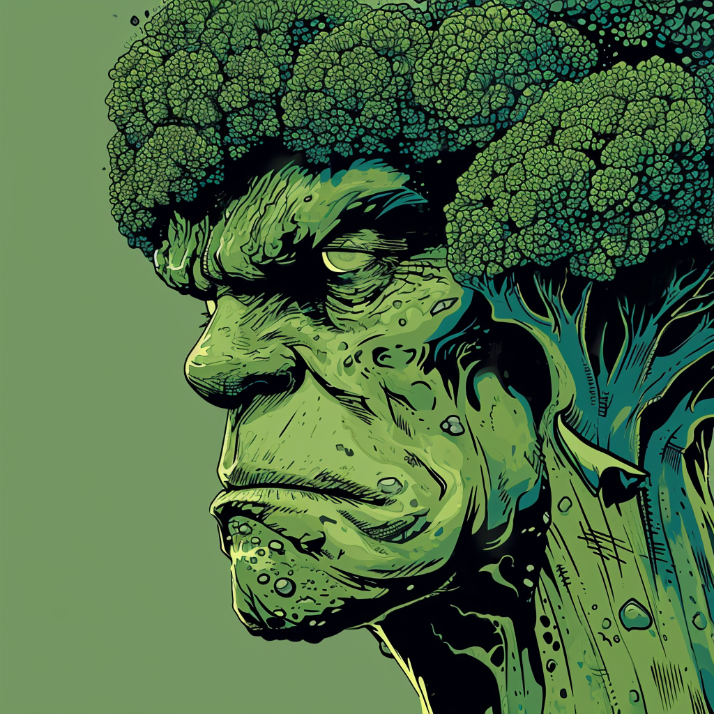 Funny broccoli character with a head in a comic style