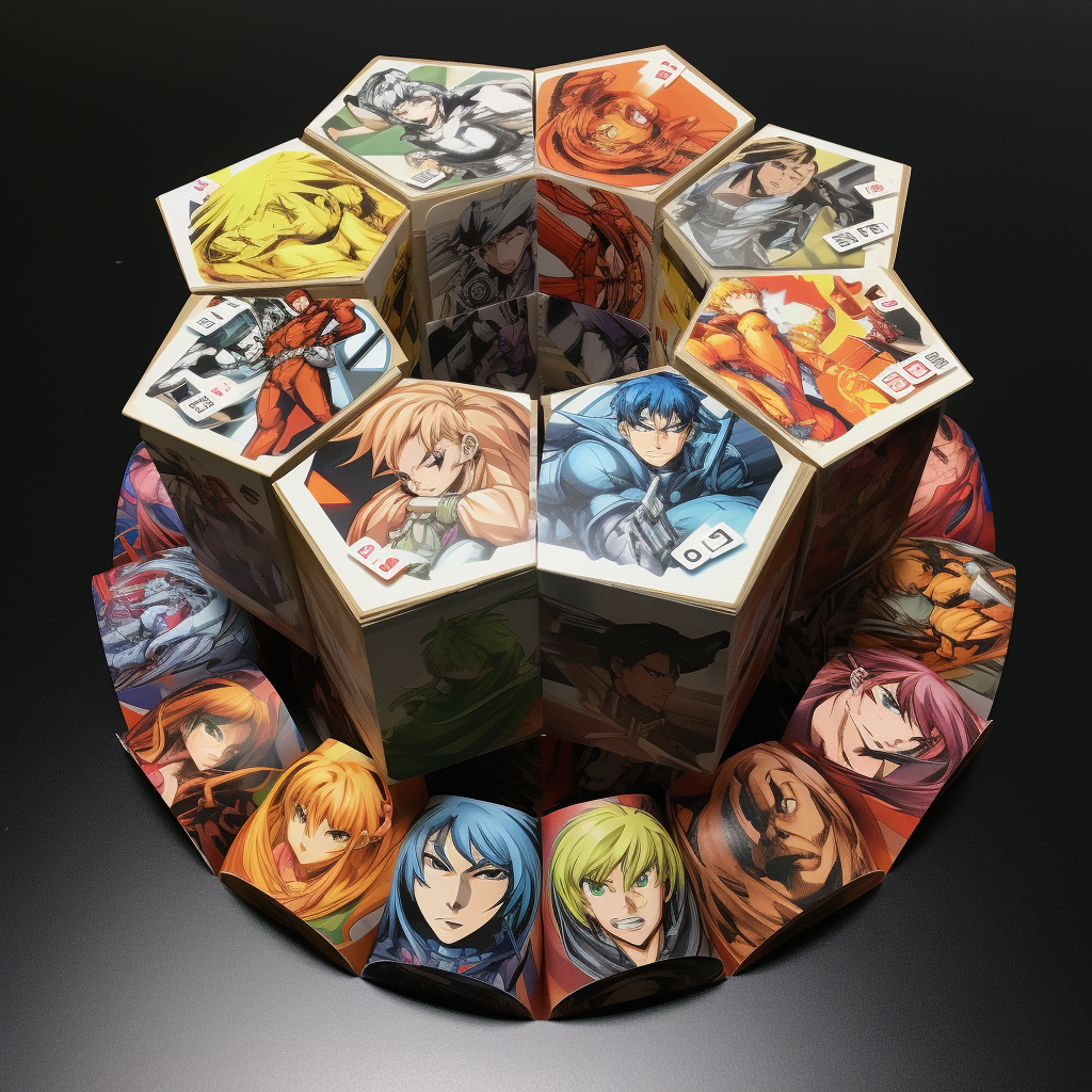 Stack of comic books surrounded by anime figurines and dice