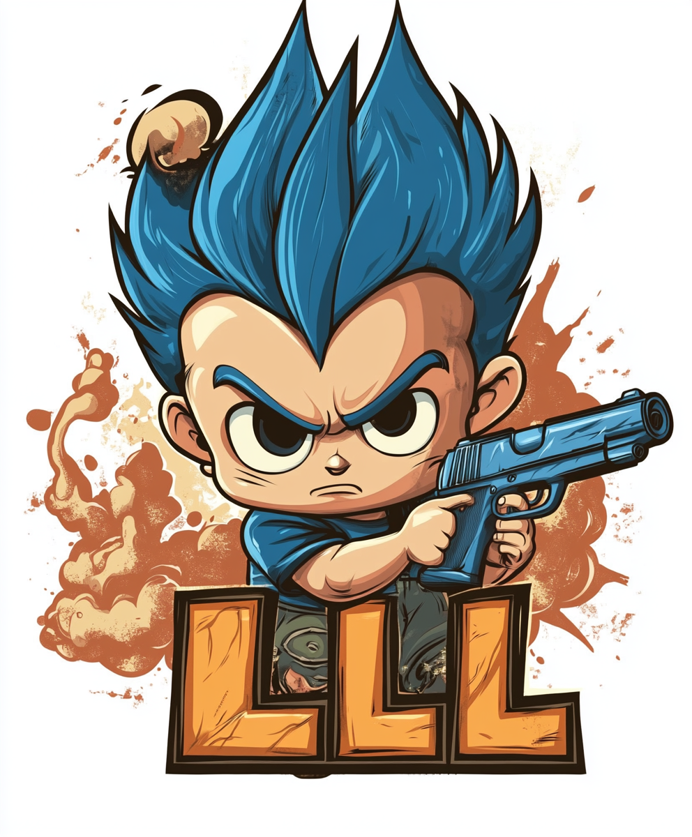 Cartoon baby with blue hair and gun