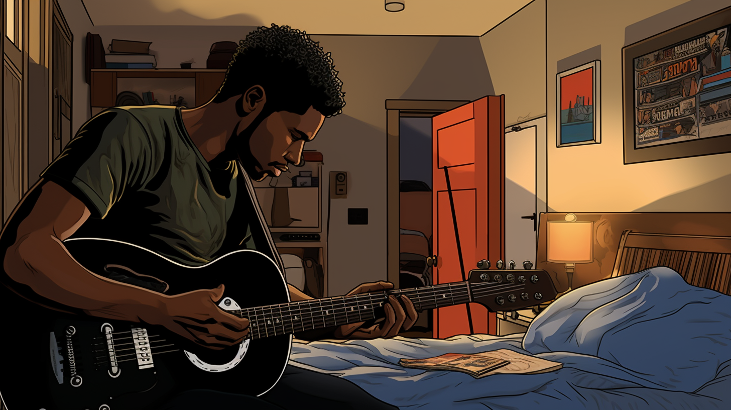 Comic style drawing of bedroom with black musician playing guitar