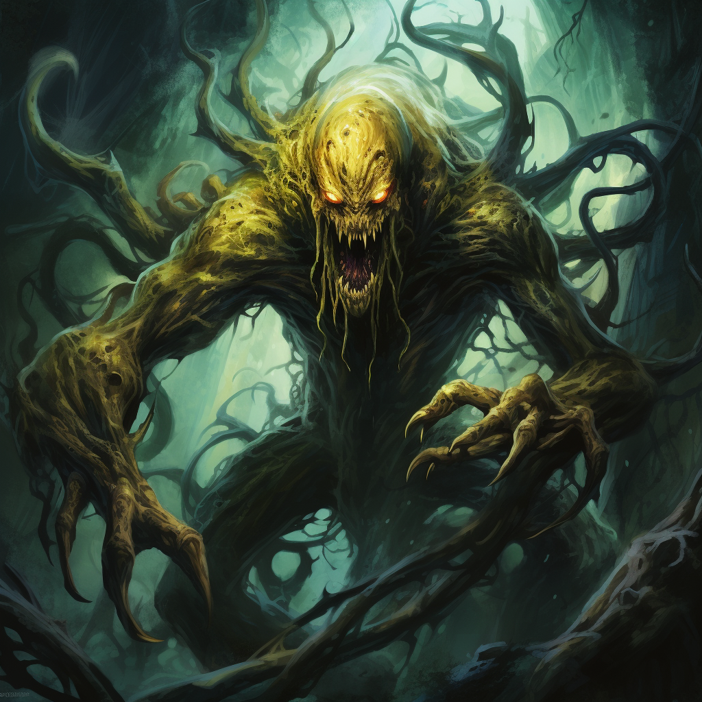 Comic-style Eldritch Lovecraft monster with yellow eyes and sharp teeth