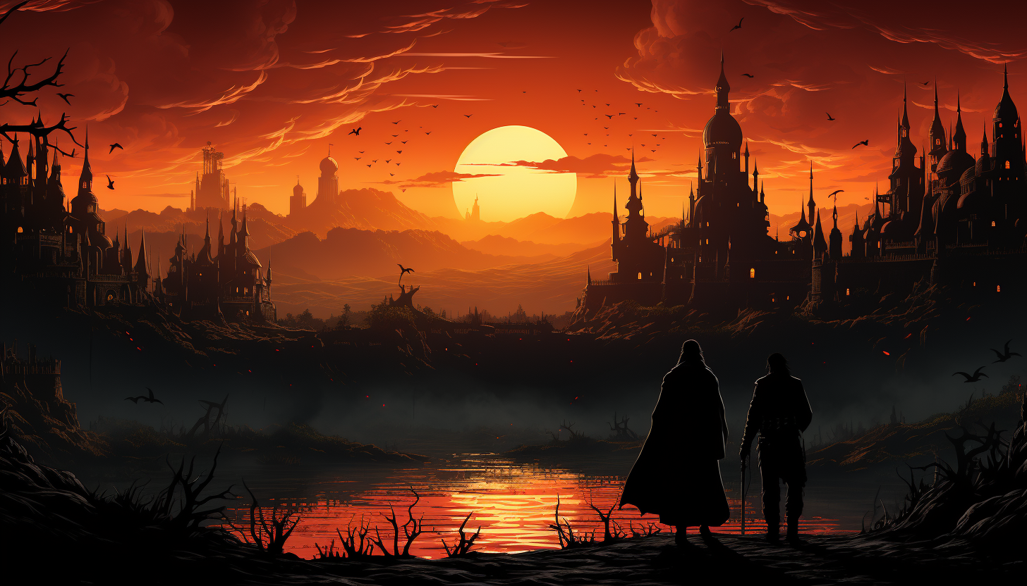 Silhouettes contrasting medieval town with arena splendor