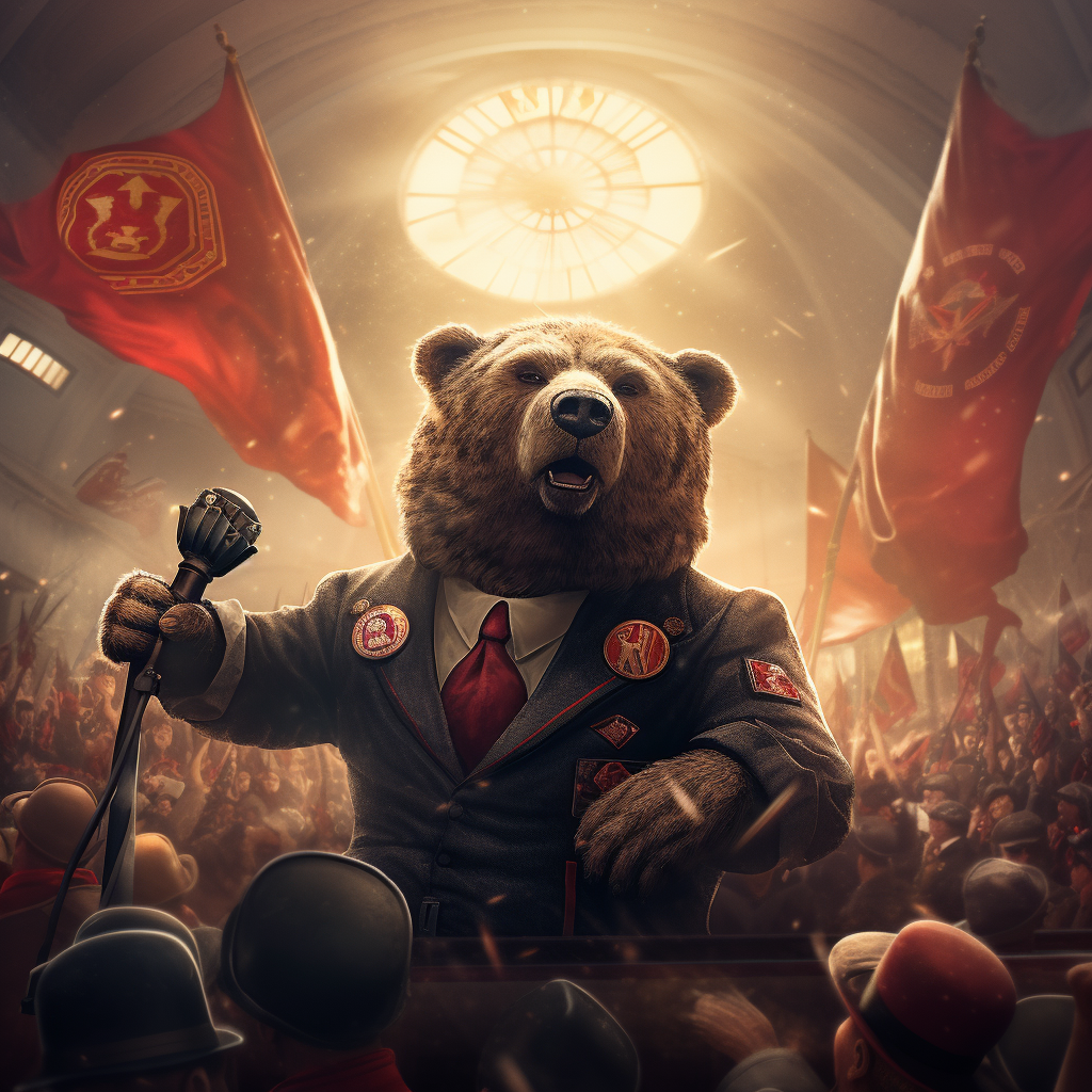 Hyper realistic Communist bear politician in a suit with hammer and sickle badge