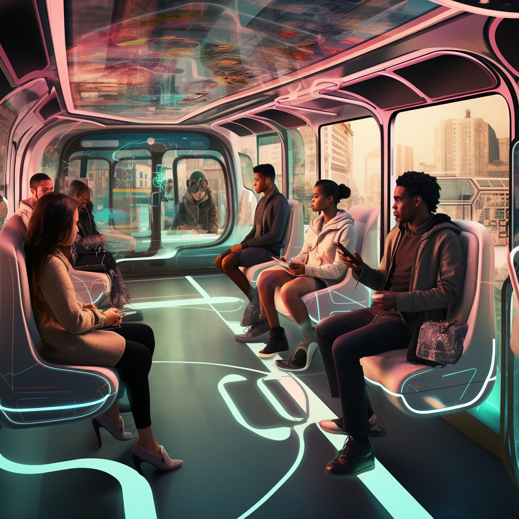 Diverse commuters exercising inside futuristic London autonomous bus