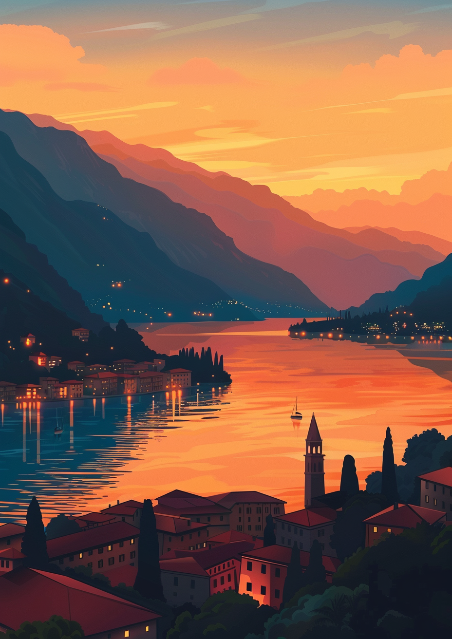 Modern Lake Como Sunset Illustration