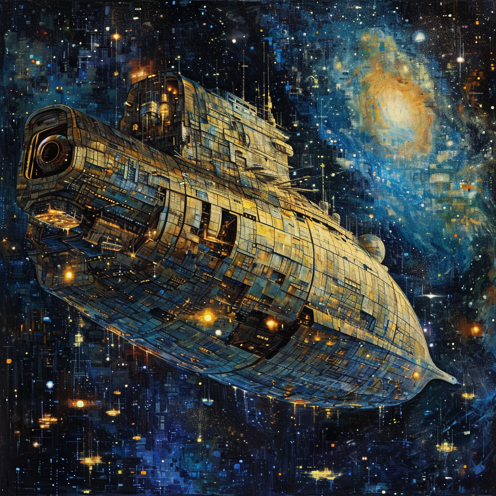 Stunning complex starry night space ship art